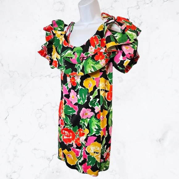 TopShop Bardot Cotton Blend Colorful Floral Ruffle Off the Shoulder Dress - Picture 5 of 9